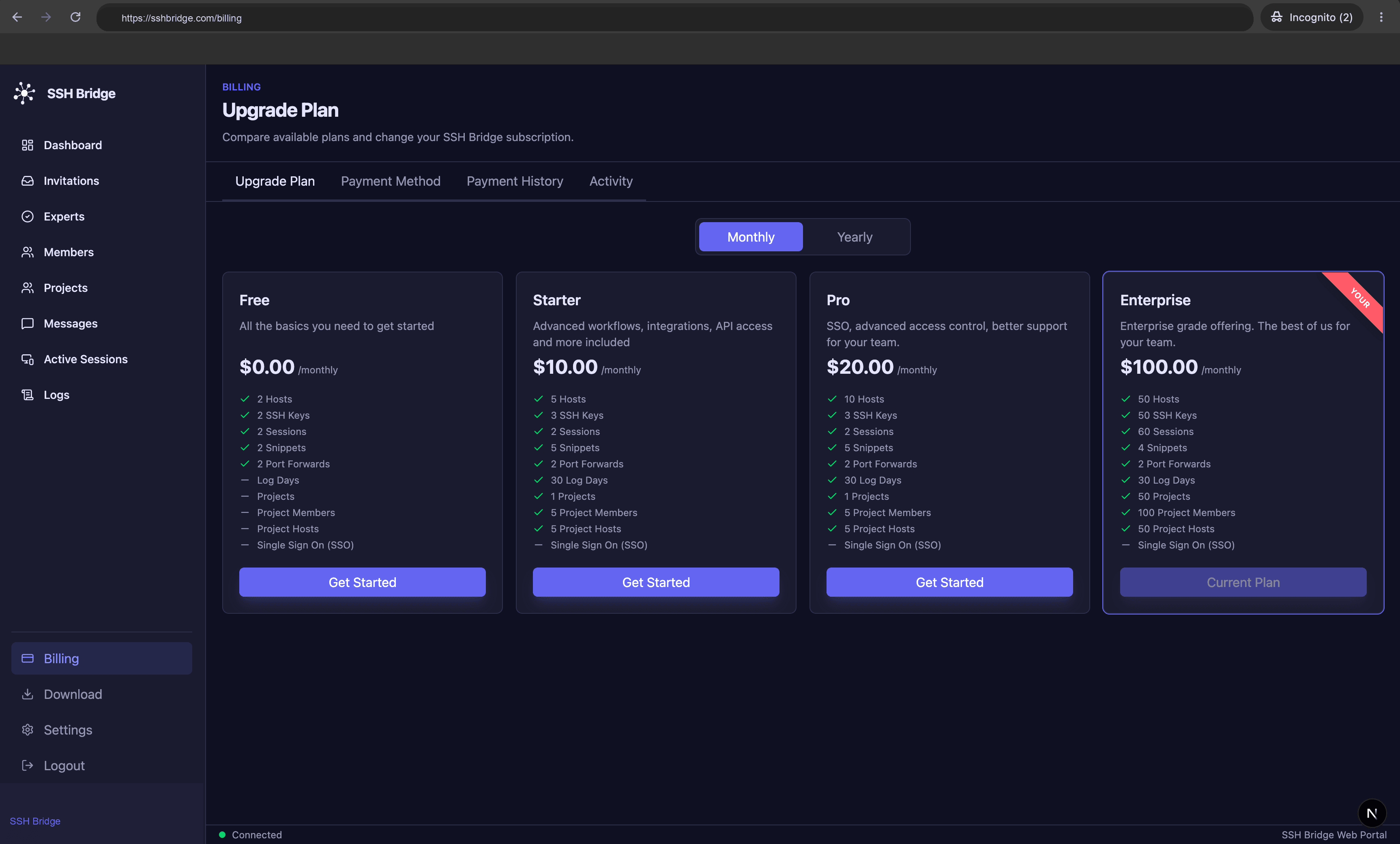 SSH Bridge Team billing screenshot